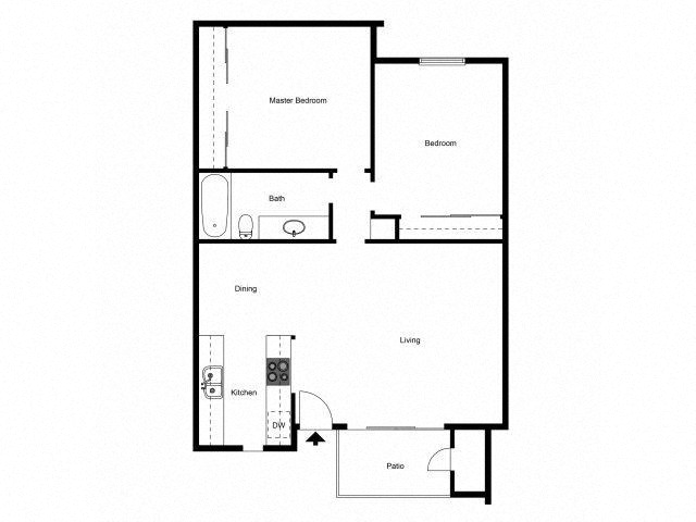Floor plan for 2 beds, 1 bath, 862 sqft
